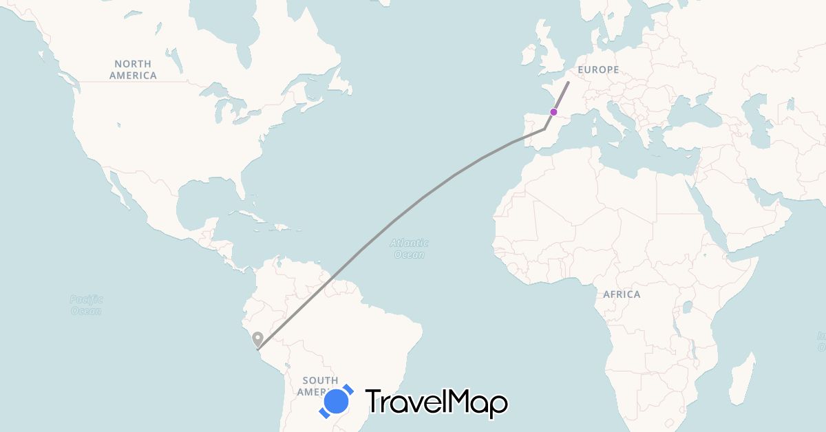 TravelMap itinerary: driving, plane, train in Spain, France, Peru (Europe, South America)
